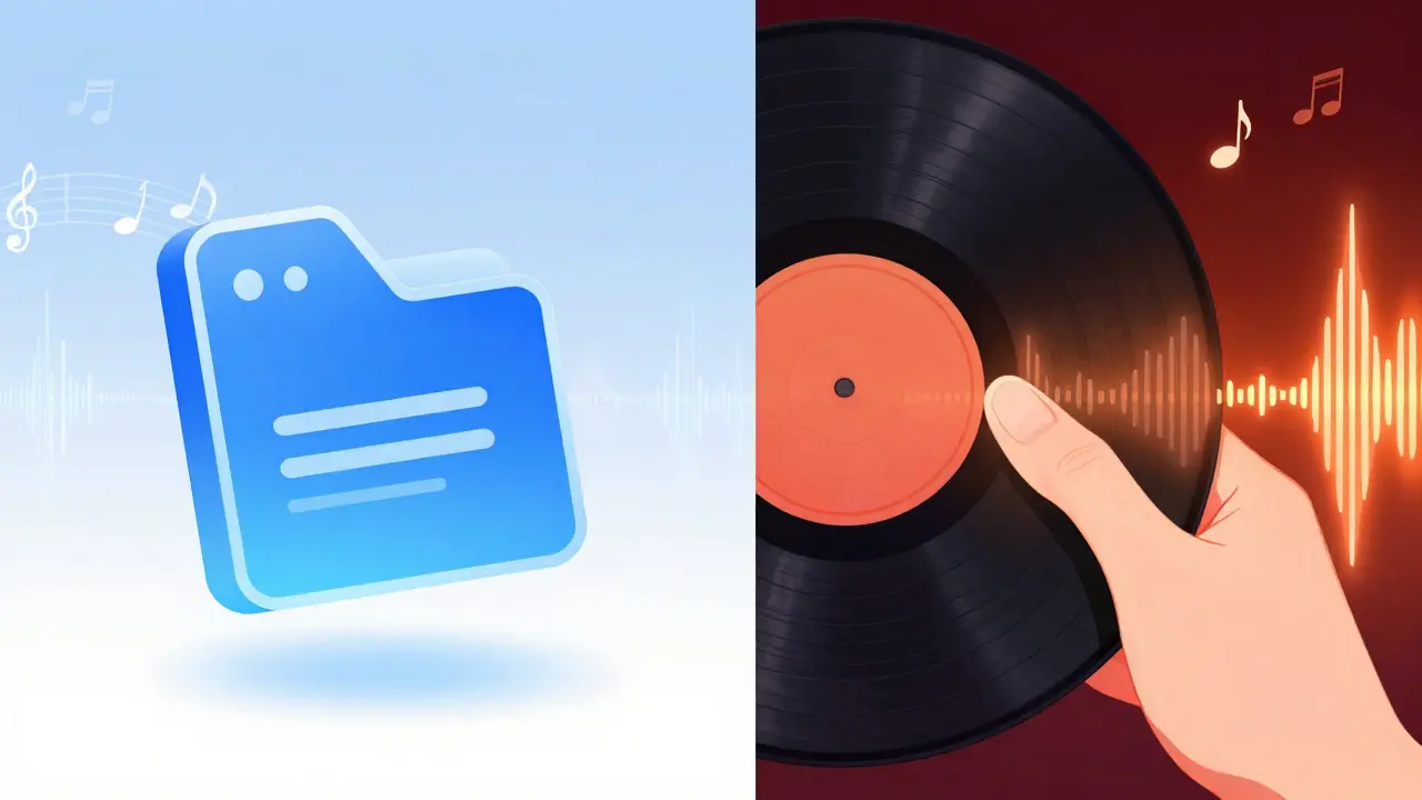 Vinilin sıcak ses dalgaları ile dijital dosyanın soğukluğu arasındaki karşılaştırma illüstrasyonu