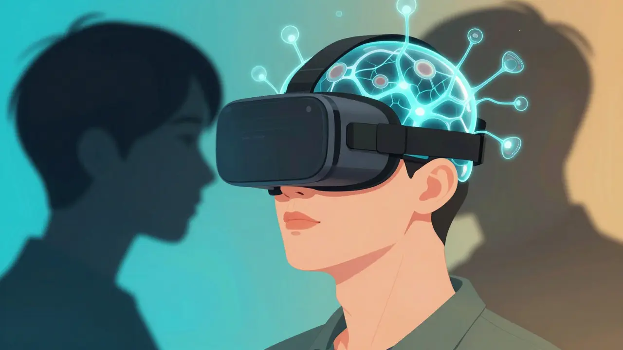 VR kulaklığı takan birinin etrafında nöral bağlantılar parlıyor