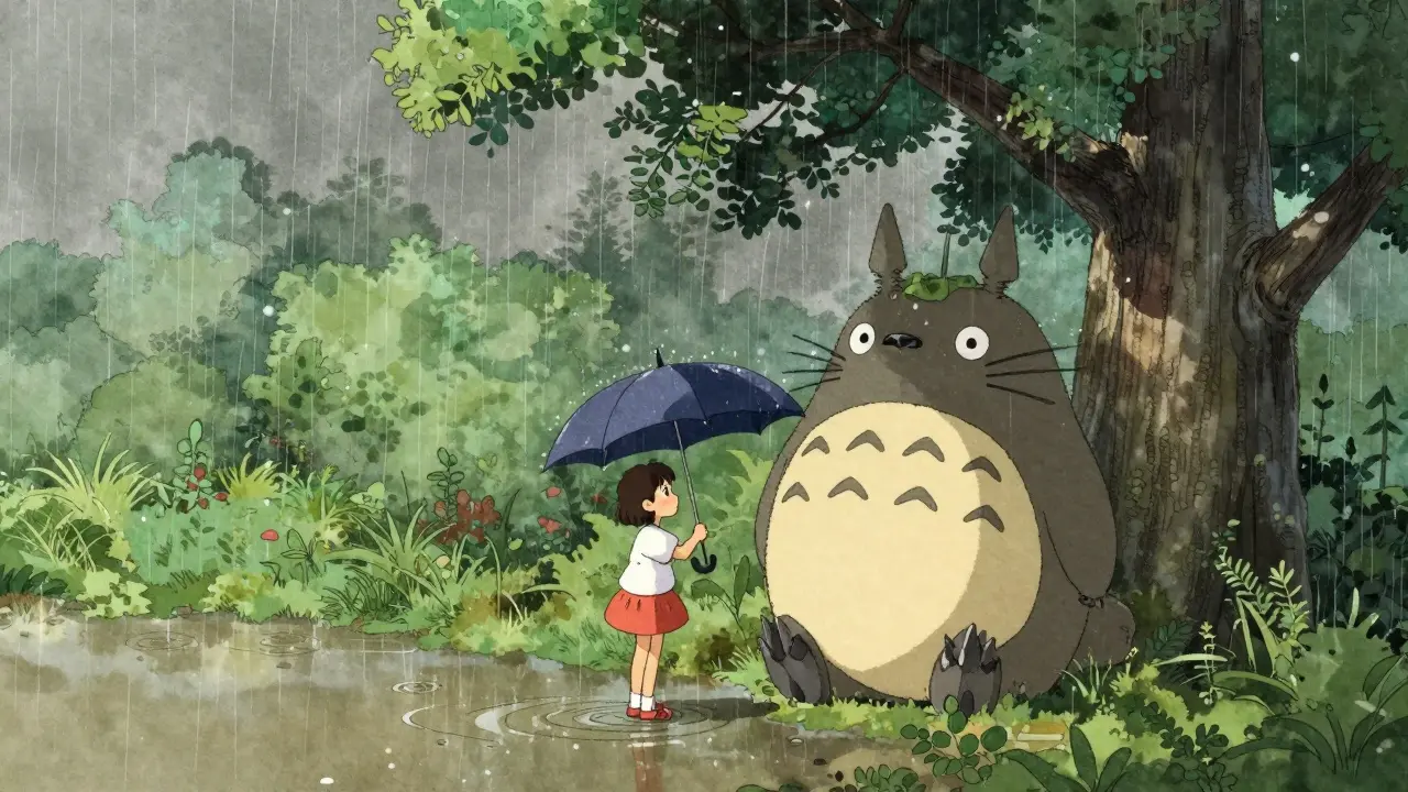 Yağmur altında Totoro ile kızın huzurlu buluşması