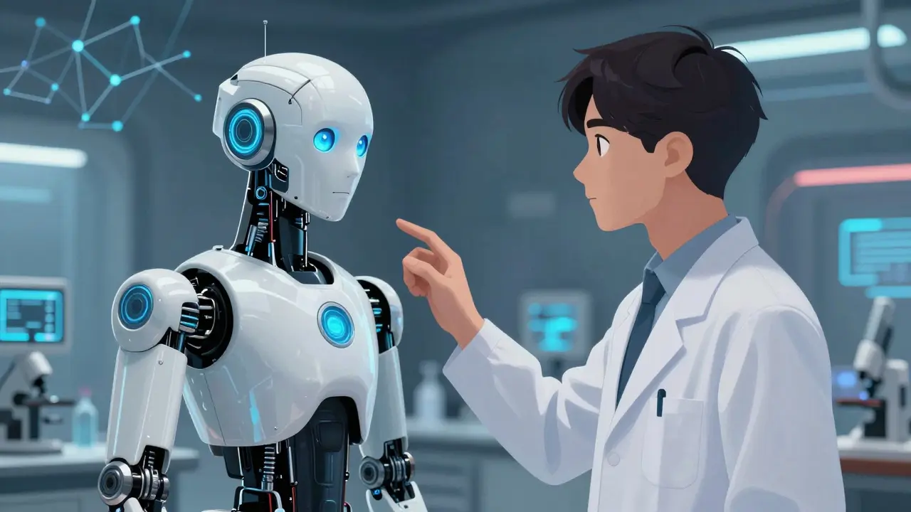Yapay zeka robotu insan araştırmacıyla etkileşimde