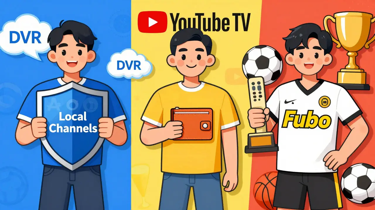 YouTube TV, Sling TV ve Fubo'nun farklı özelliklerini temsil eden üç karakter karşılaştırması.