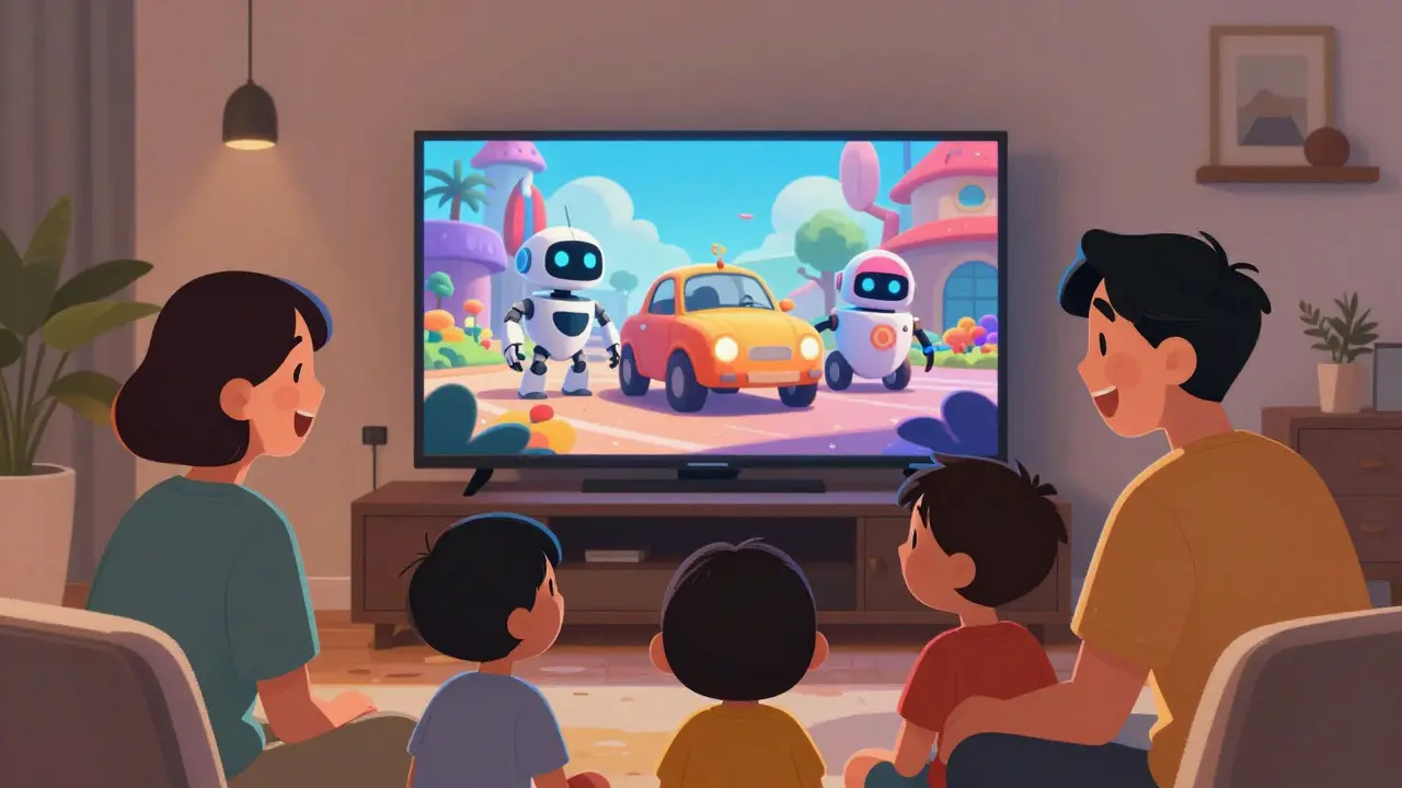Ailenin birlikte komik bir animasyon filmi izleyip güldüğü an