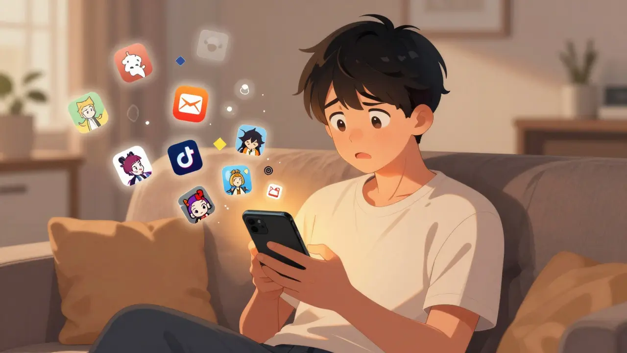 Akıllı telefonla anime izleyen mutlu bir genç