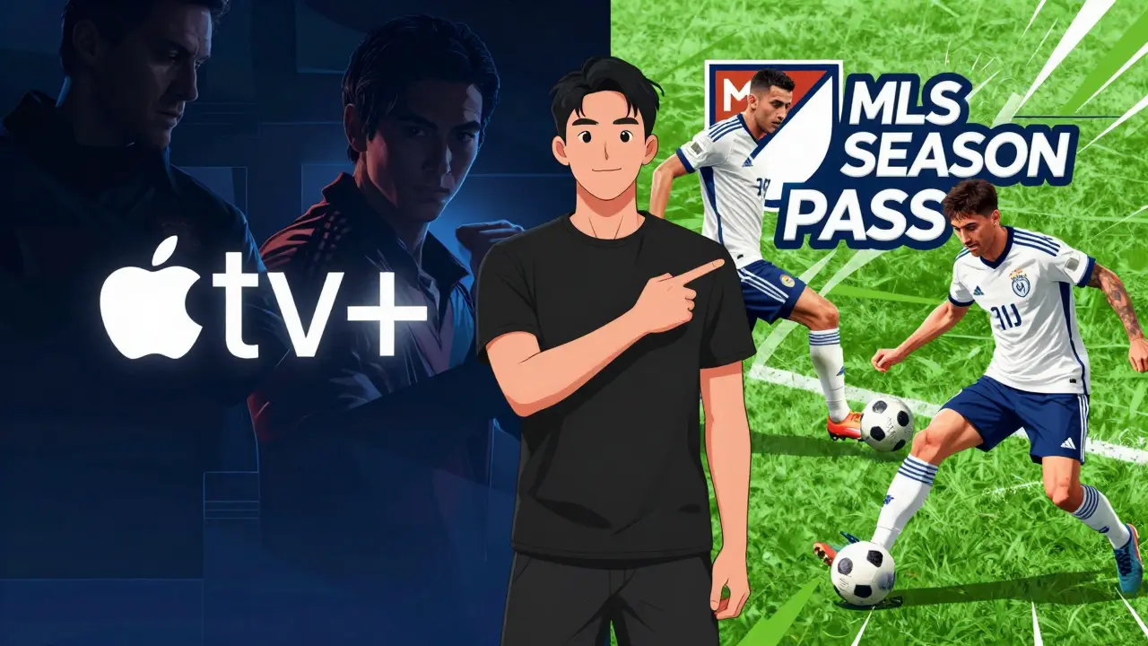 Apple TV+ ve MLS Season Pass arasındaki farkı gösteren dinamik bir çizgi roman tarzı karşılaştırma.