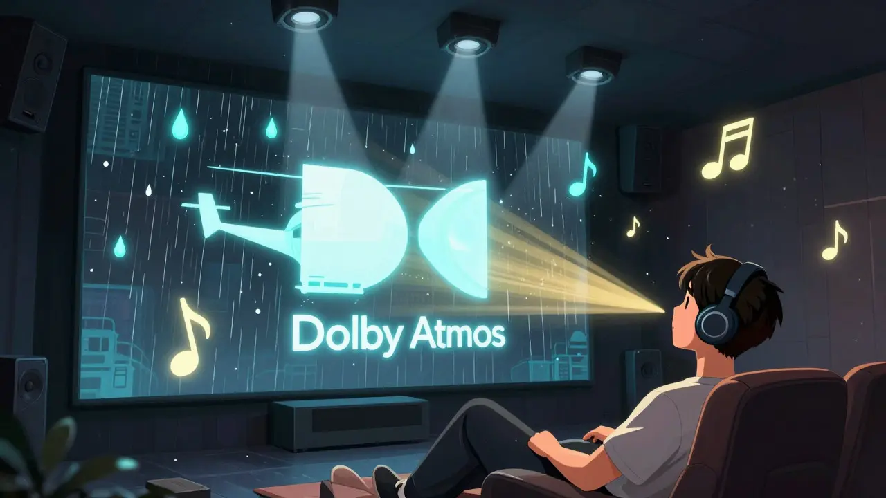Dolby Atmos'un üç boyutlu ses nesnelerini görselleştiren illüstrasyon