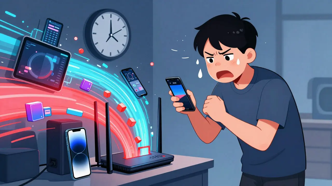 Evdeki yüksek veri tüketimi ve internet altyapısı sorunlarını gösteren stresli bir sahne