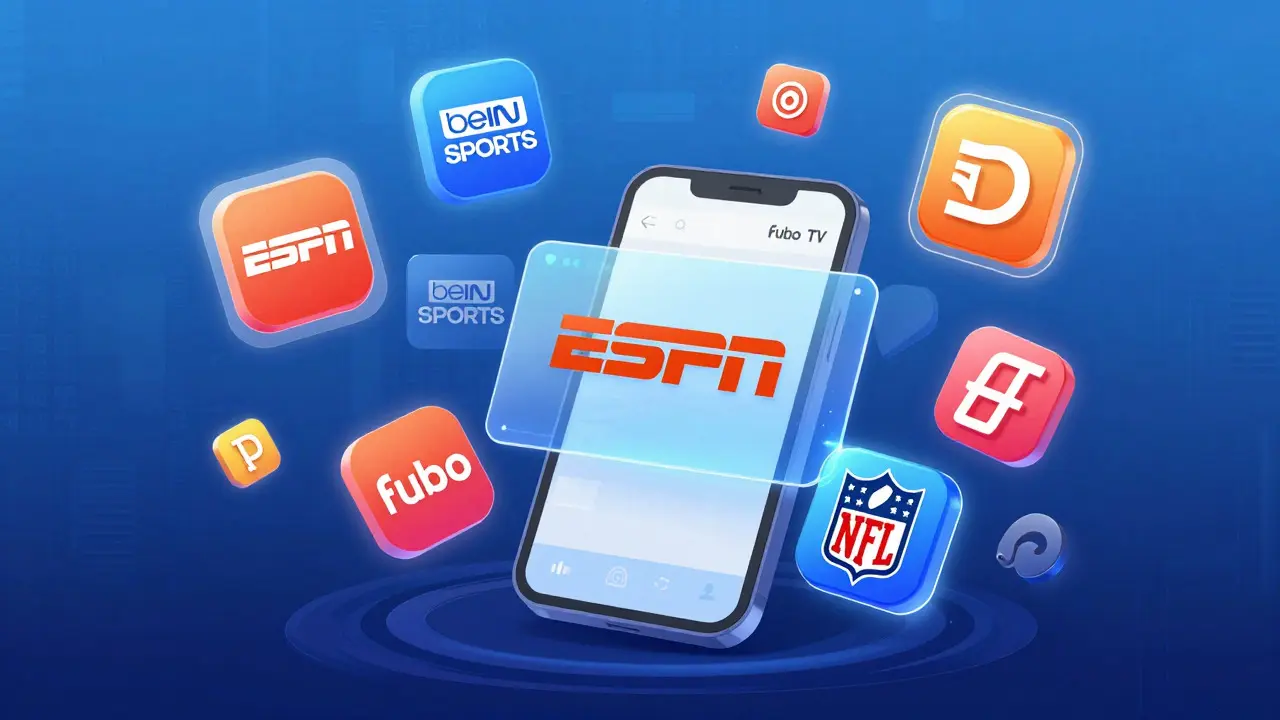 FuboTV'nin sunduğu çeşitli spor kanallarını temsil eden dijital ikonlar.