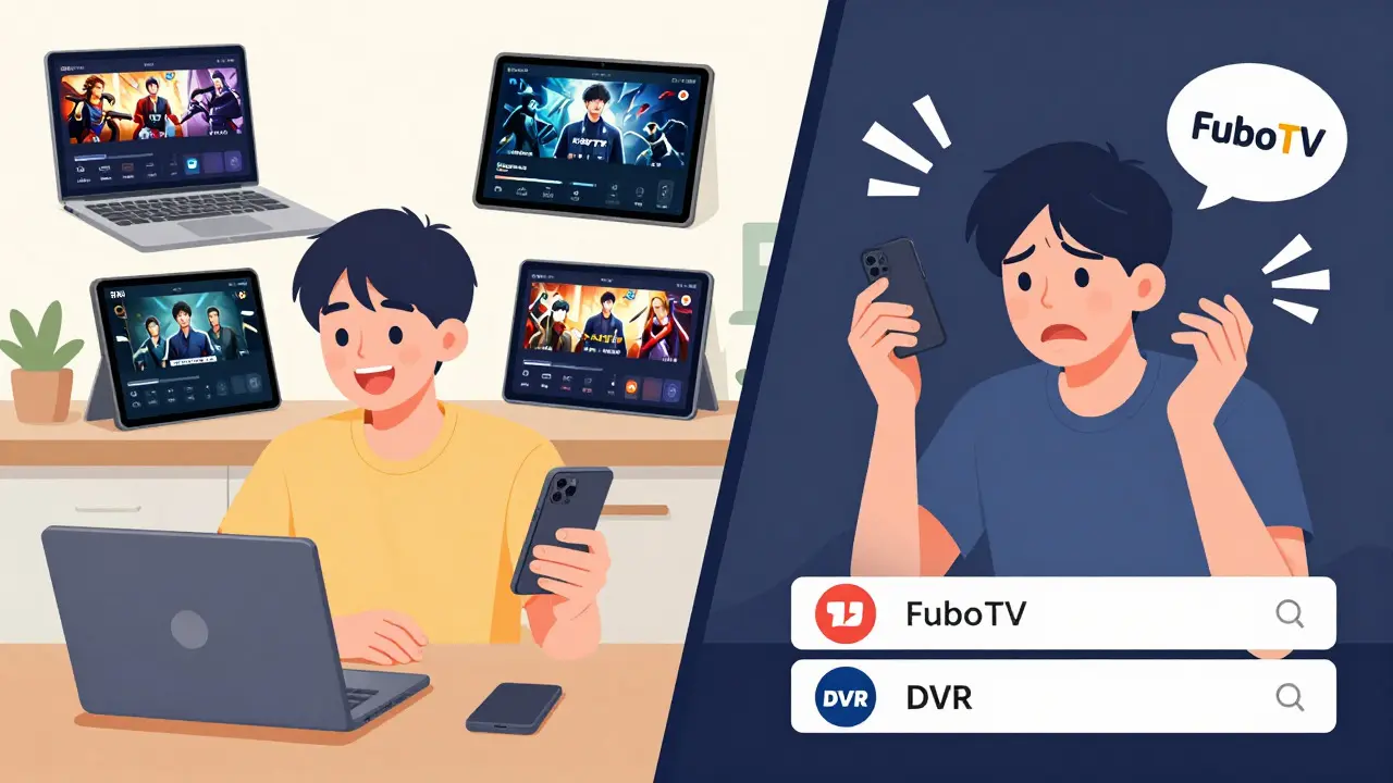 FuboTV ile çoklu cihazda maç izleyen mutlu bir hayran ve rakip servislerle sıkışan biri.
