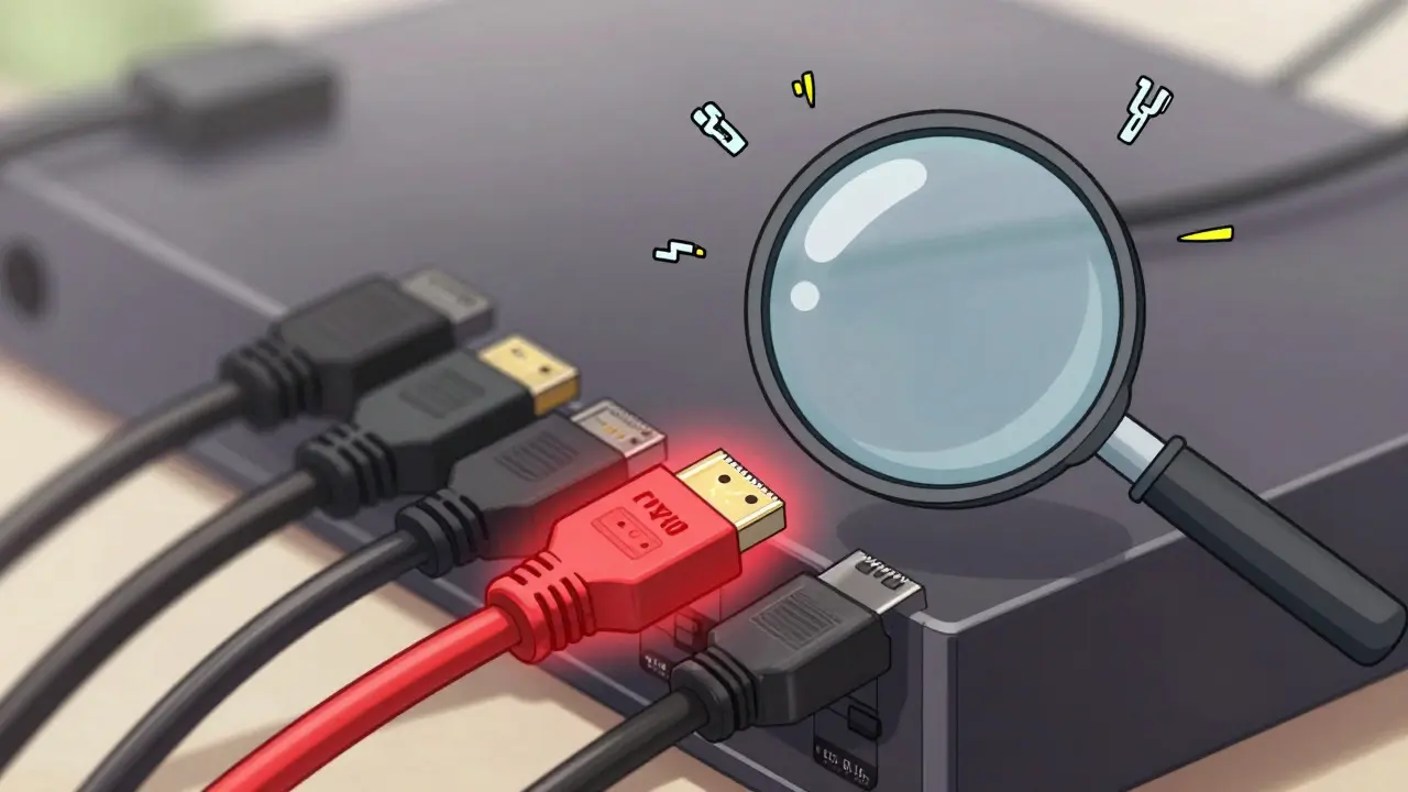 Medya ünitesi arkasındaki karmaşık HDMI kabloları ve kırmızı ışıklı sorunlu bağlantı noktası.