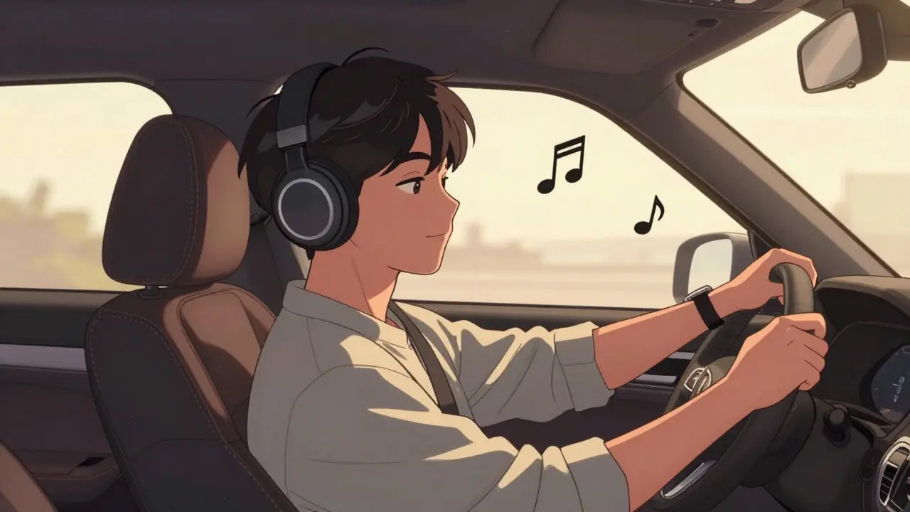 Müzik dinlerken huzurlu bir sürücü ve arabası, kore webtoon stili