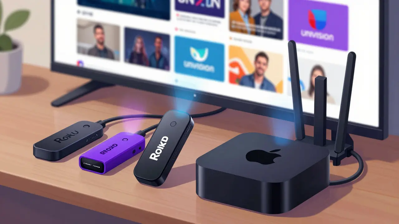 Roku, Fire TV ve dijital anten gibi akış cihazlarının modern teknoloji illüstrasyonu