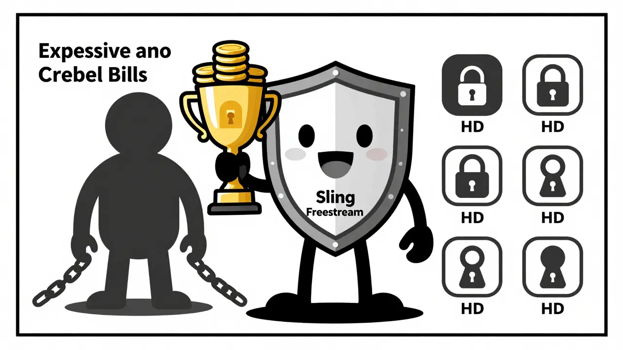 Sling Freestream'in avantajlarını gösteren çizgi roman stili görsel