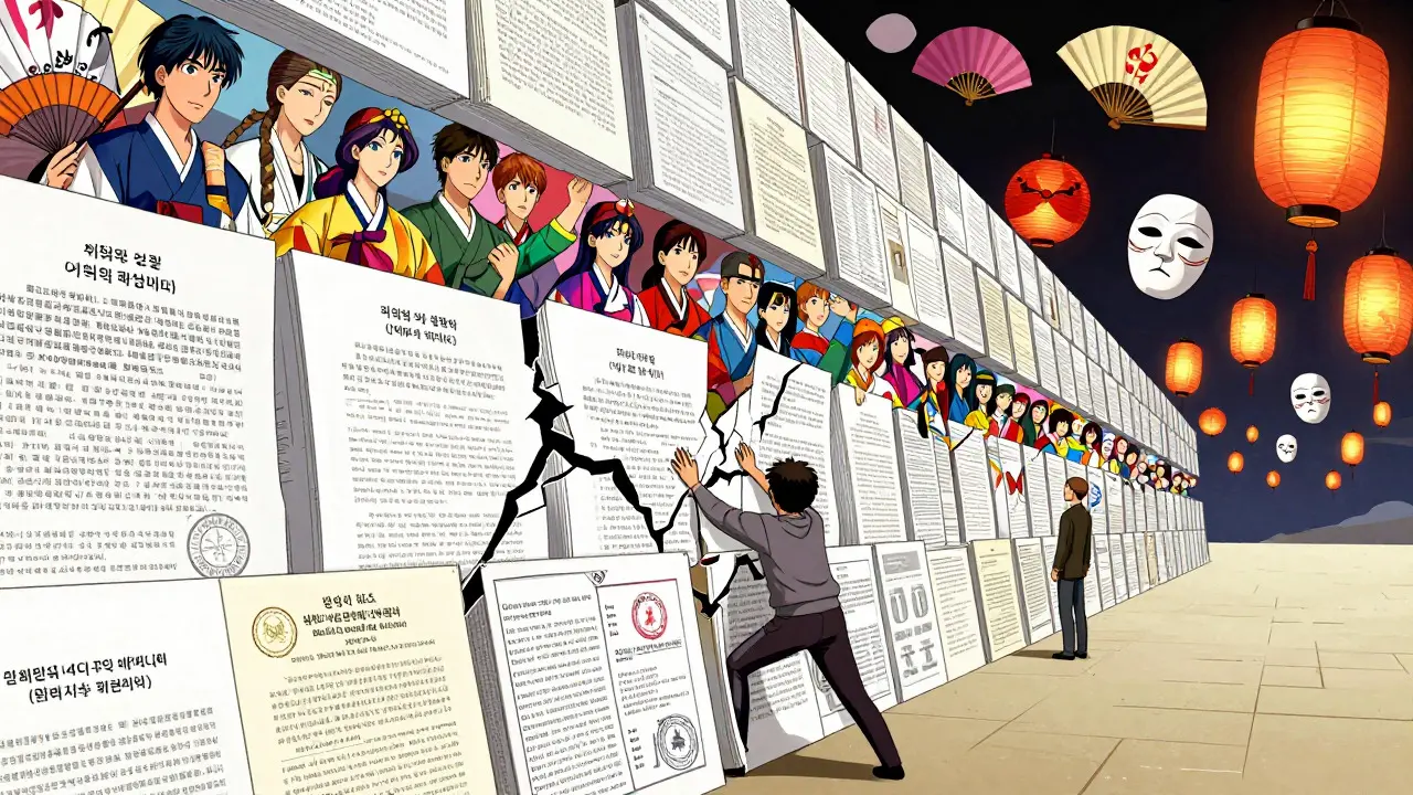 Telif hakları duvarının arkasındaki küresel ve yerel içerikleri temsil eden koreli webtoon stili görsel