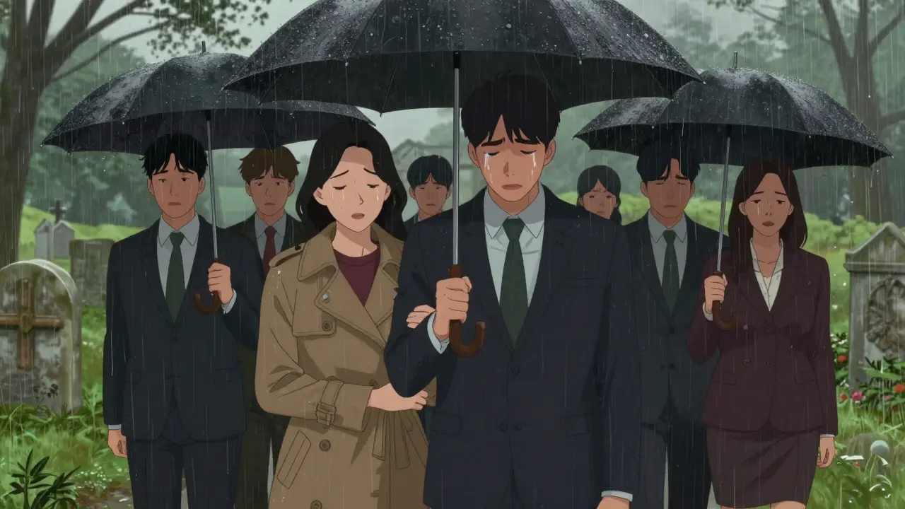 Yağmurlu bir cenaze töreninde duygusal karakterlerin webtoon tarzı illüstrasyonu