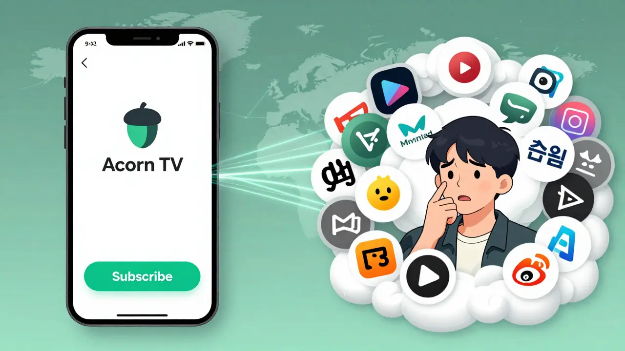 Acorn TV arayüzü ile karmaşık rakip platformların karşılaştırmalı illüstrasyonu