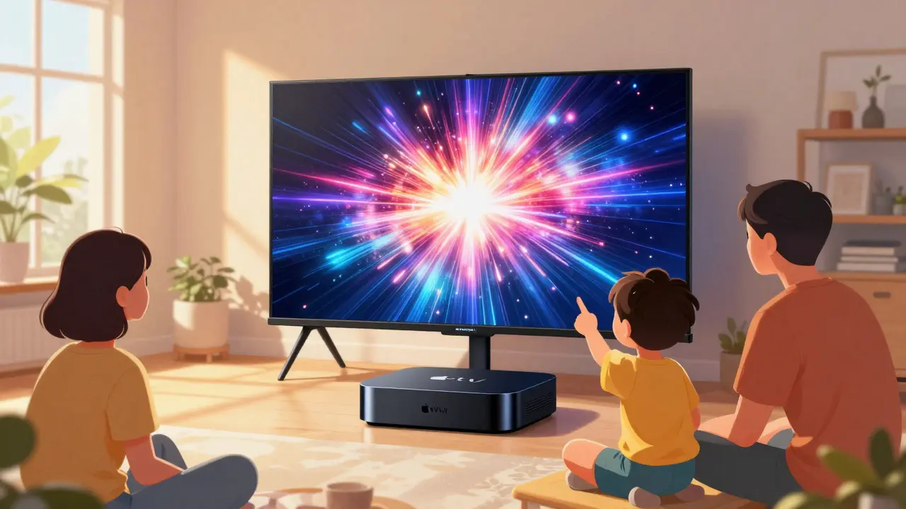 Aile, yüksek kaliteli ekran deneyimini paylaşırken modern oturma odasında