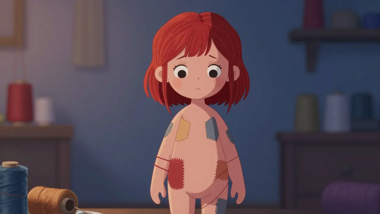 Endişeli bir ifadeyle ipliklerle bağlı Sally karakteri