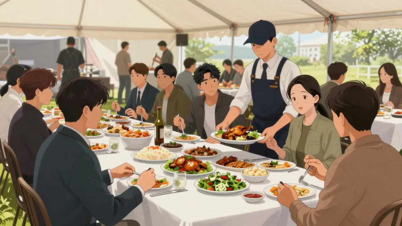 Film ekibinin Türk mutfağından sıcak yemekler yediği catering alanı