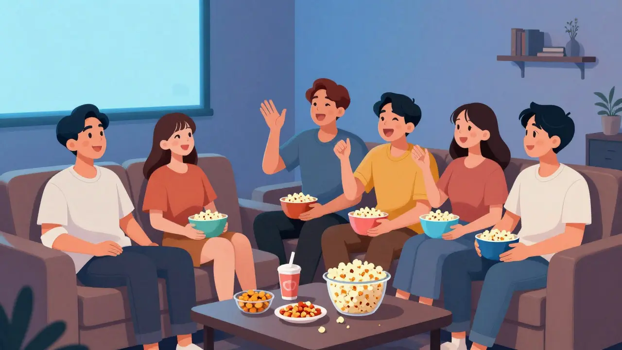 Film maratonu sonrası sohbet eden arkadaş grubu