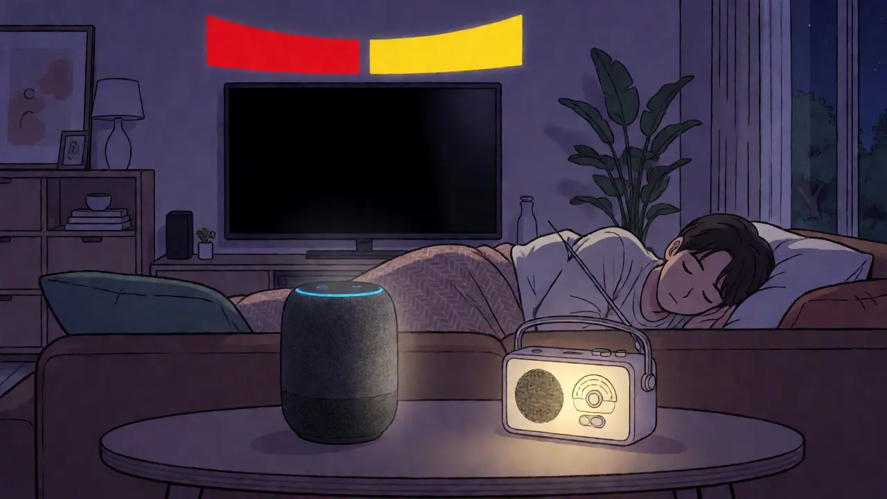 Gece kesintisinde çalışan akıllı hoparlör ve radyo ile uyuyan kişi