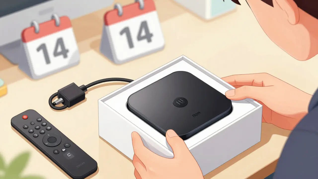 Hands carefully unpacking a new streaming device and accessories