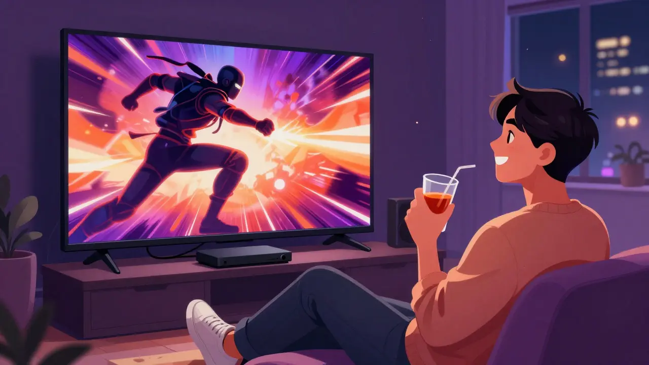 Happy person enjoying a movie on a large TV screen at home