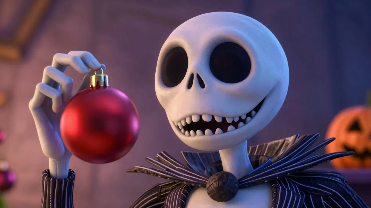 Jack Skellington'un Noel süsünü keşfederken şaşkın ifadesi
