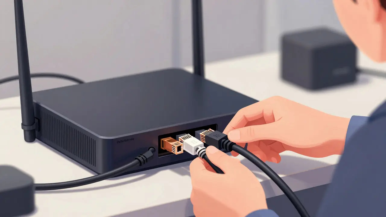 Kişi, kesintisiz akış için konsoluna yüksek kaliteli Ethernet kablosu takıyor