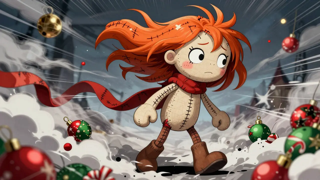 Sally'nin kaotik Noel dekorasyonları arasında endişeli duruşu