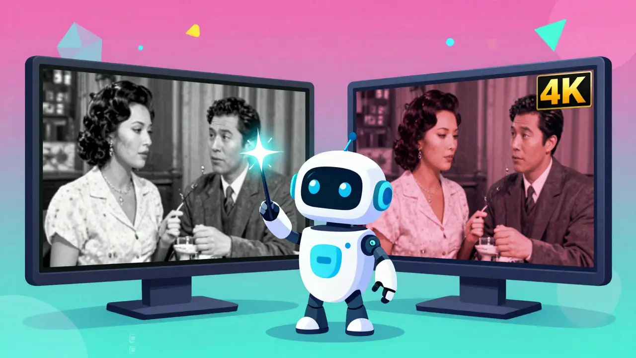 Yapay zeka ile eski filmlerin 4K kalitesine yükseltilmesini temsil eden fütüristik çizim