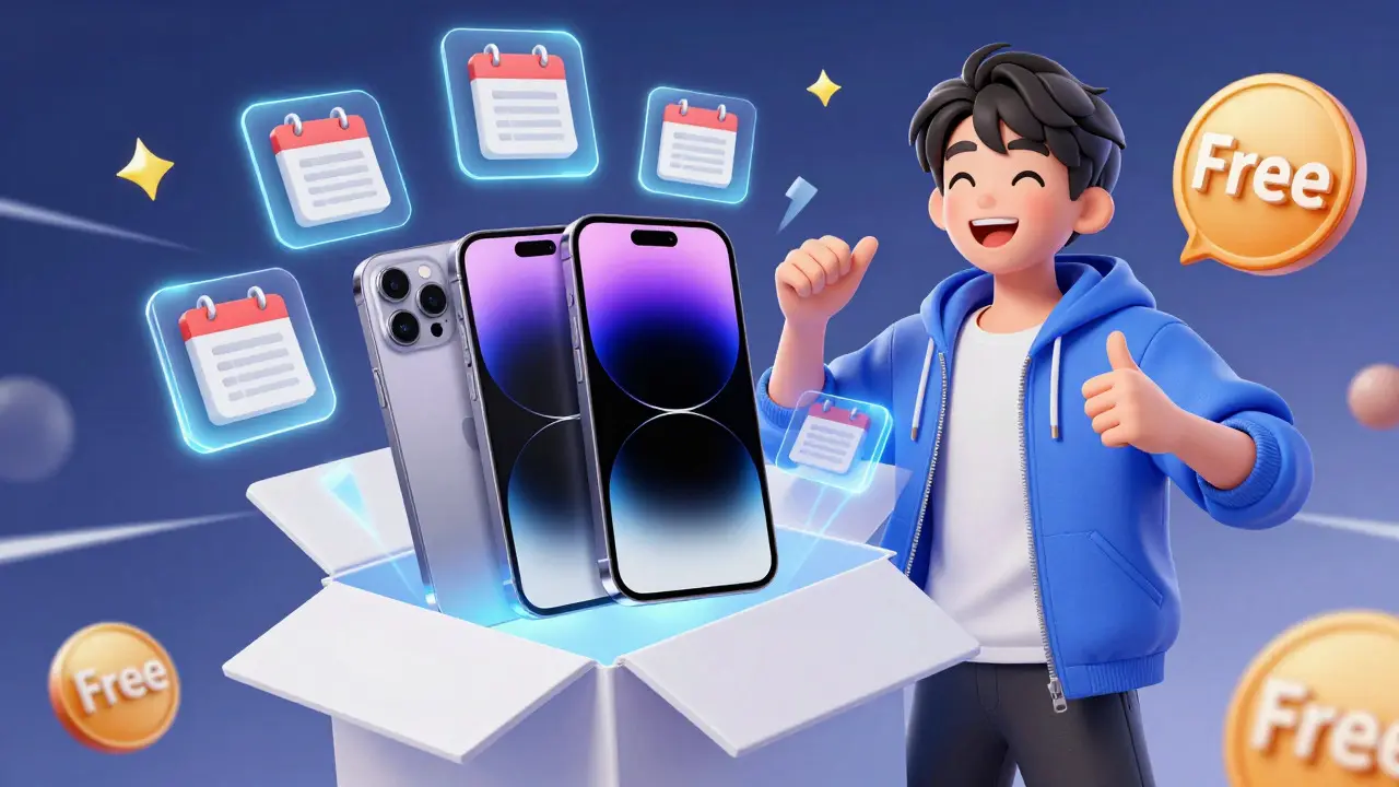 Yeni iPhone ve iPad kutusu açılıyor, etrafında ücretsiz abonelik hediyesi simgeleri parlıyor.