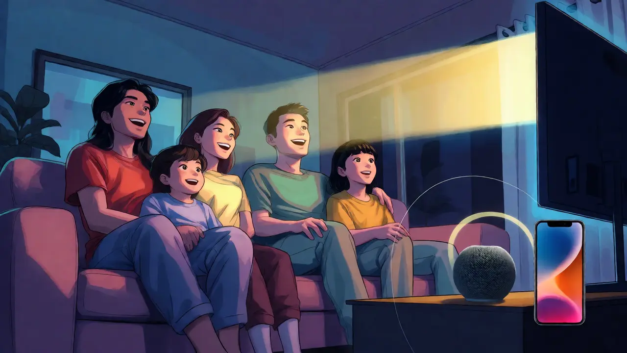 Ailenin büyük ekranda film izlediği ve cihazların entegre olduğu sıcak bir salon
