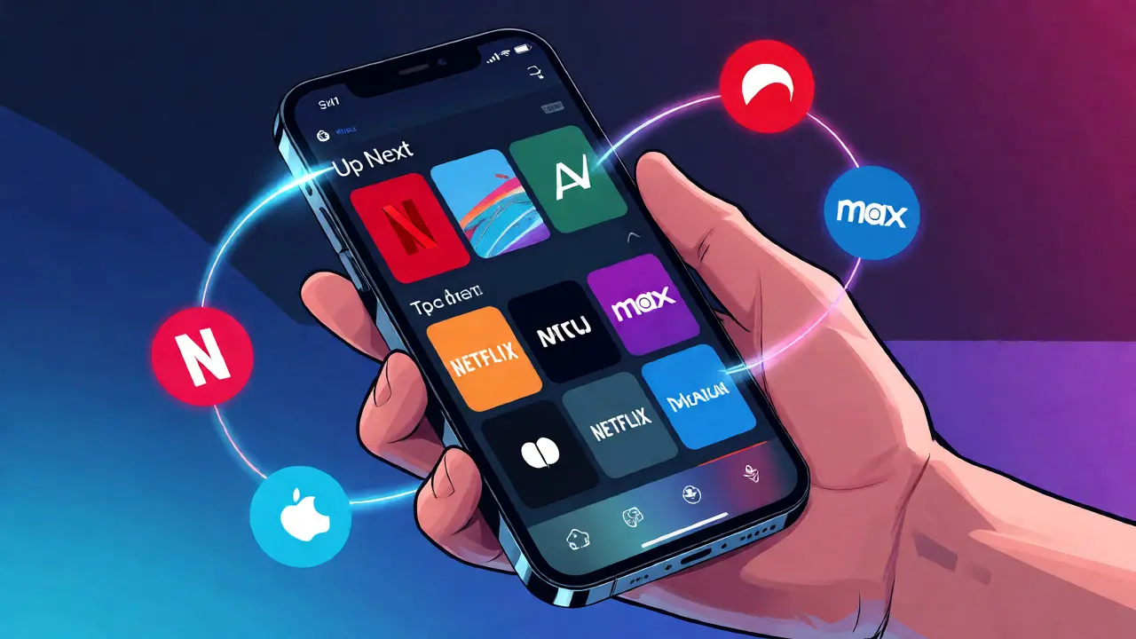 Apple TV arayüzünde farklı servislerin tek ekranda birleştiği senkronize izleme listesi.