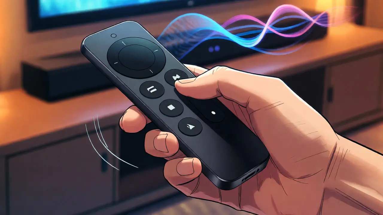 Apple TV kumandasını tutan el ve Dolby Atmos ses dalgalarıyla çevrili ev sineması