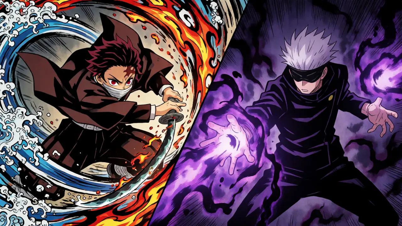 Demon Slayer ve Jujutsu Kaisen karakterlerinin dinamik aksiyon sahnesi