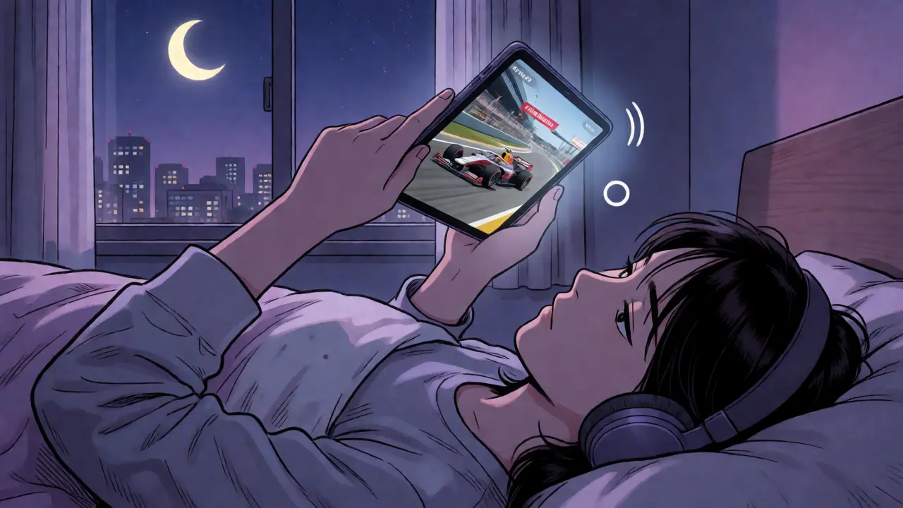 Gece geç saatlerde tabletle yarış izleyen kişi
