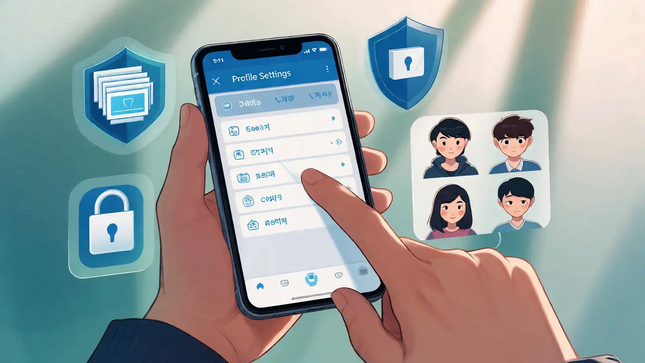 Gizlilik ayarları ve profil yönetimi için telefon ekranına odaklanan detaylı çizim.
