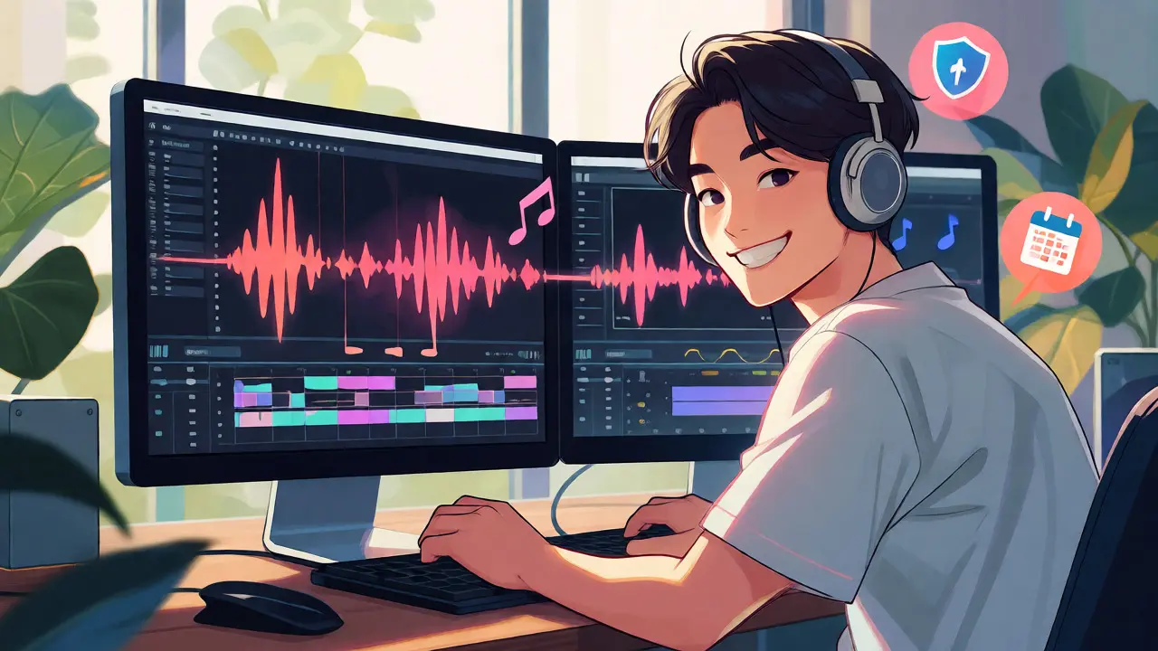 Müzik senkronizasyonunu başarıyla tamamlayan mutlu bir indie film yapımcısı.