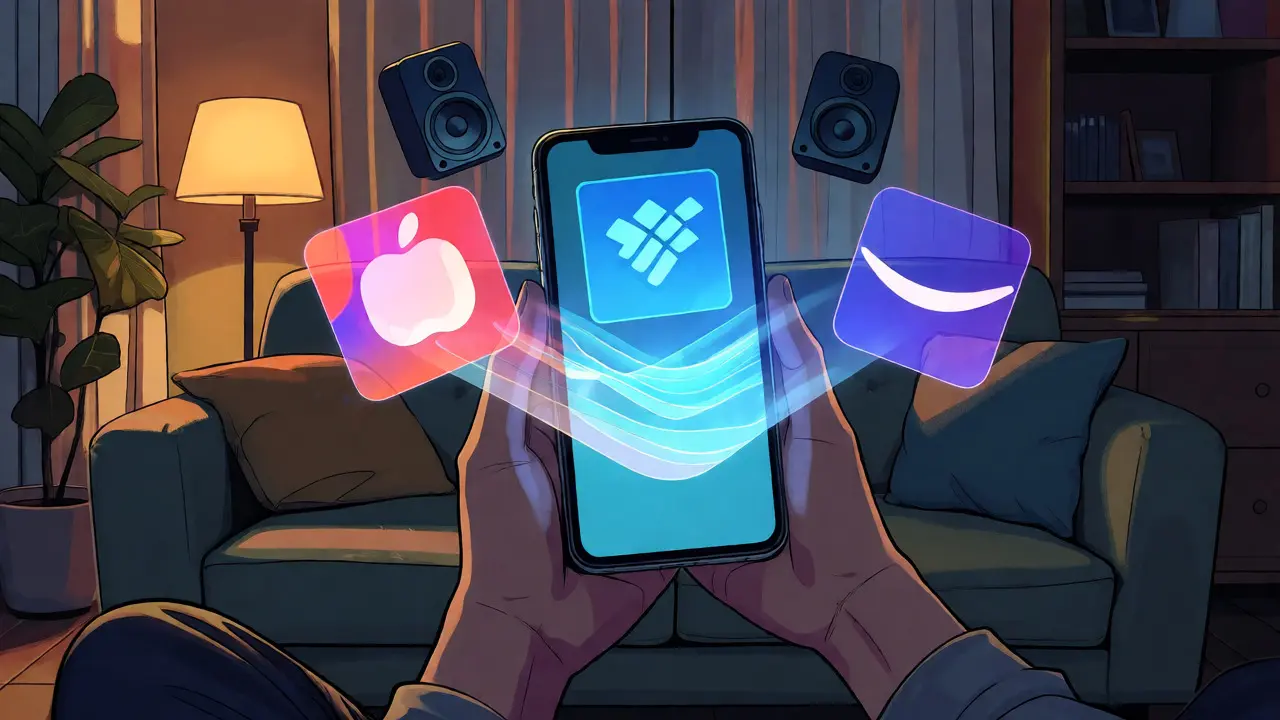 Telefondan yükselen hologramlarla çeşitli müzik platformlarının uzamsal ses desteği görselleştiriliyor.