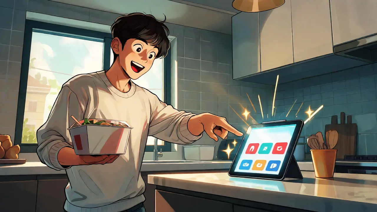 Yemek siparişi alan genç, tablette gördüğü fırsatlarla heyecanlanıyor.