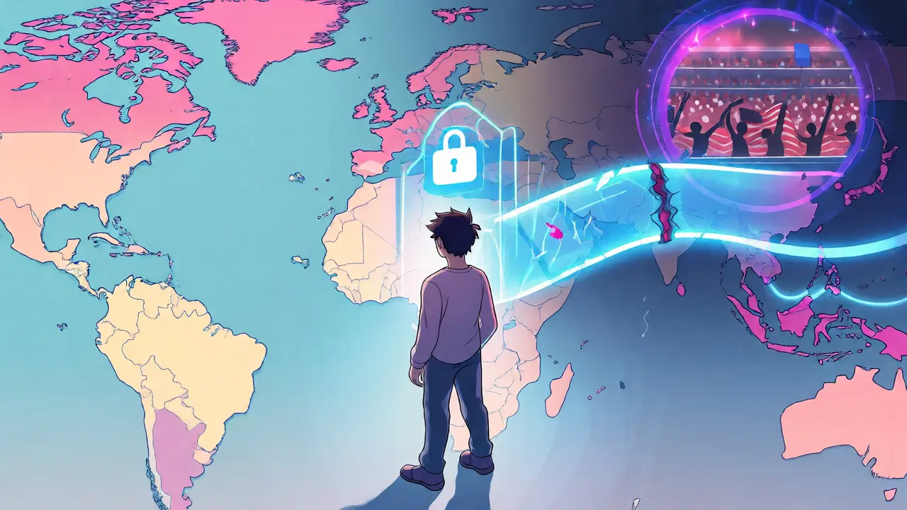 Coğrafi kısıtlamaları ve VPN kullanımını simgeleyen, dijital kapıdan stadyuma geçiş yapan karakterin webtoon çizimi.
