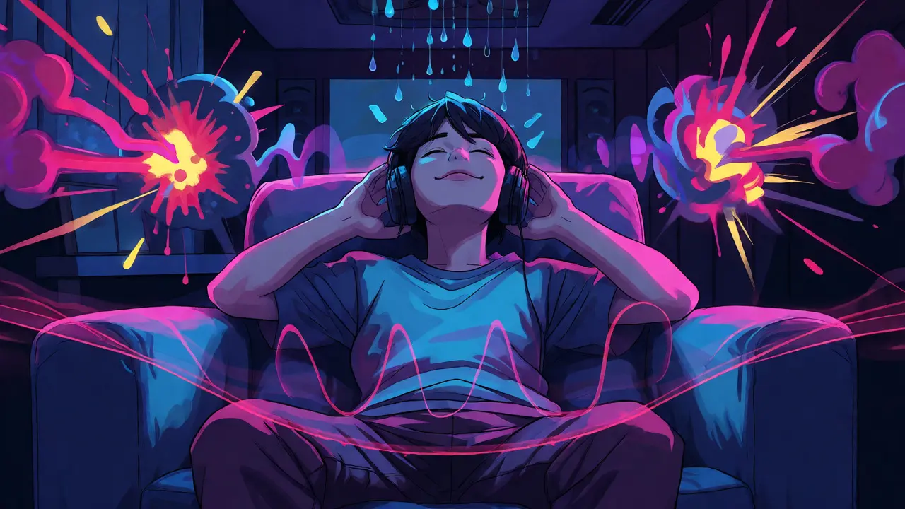 Dolby Atmos efektlerini görselleştiren renkli ses dalgaları içinde keyif alan bir kişi.