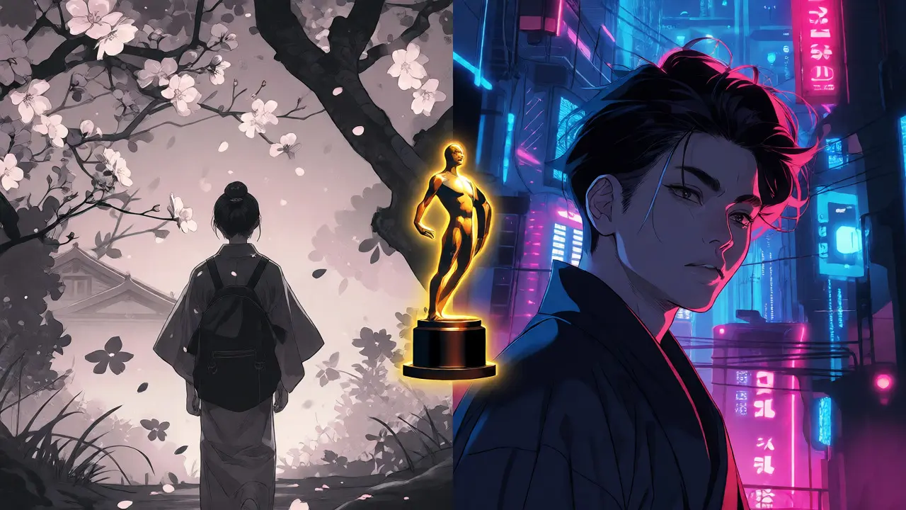 Geleneksel Japon draması ve neon bilim kurgu dünyalarını birleştiren sanatsal kompozisyon