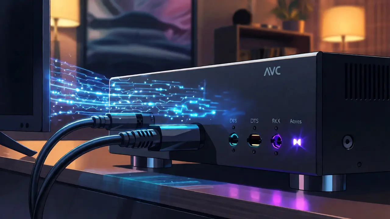 HDMI kablosu üzerinden akan dijital ses verilerini gösteren AV alıcı arkası detayı.