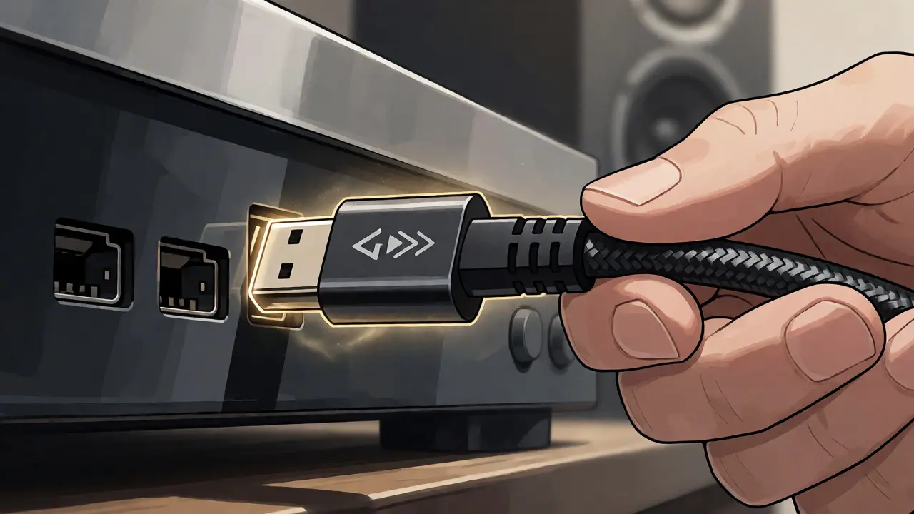 HDMI kablosunun yüksek kaliteli bir medya oynatıcıya takılması yakın çekim