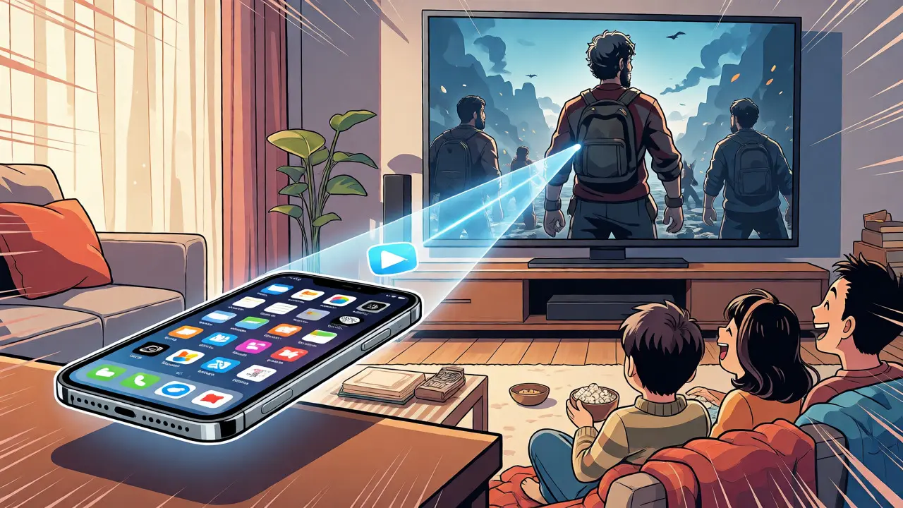 iPhone'dan büyük ekrana yansıtılan içerik ile aile evde film keyfi yapıyor.