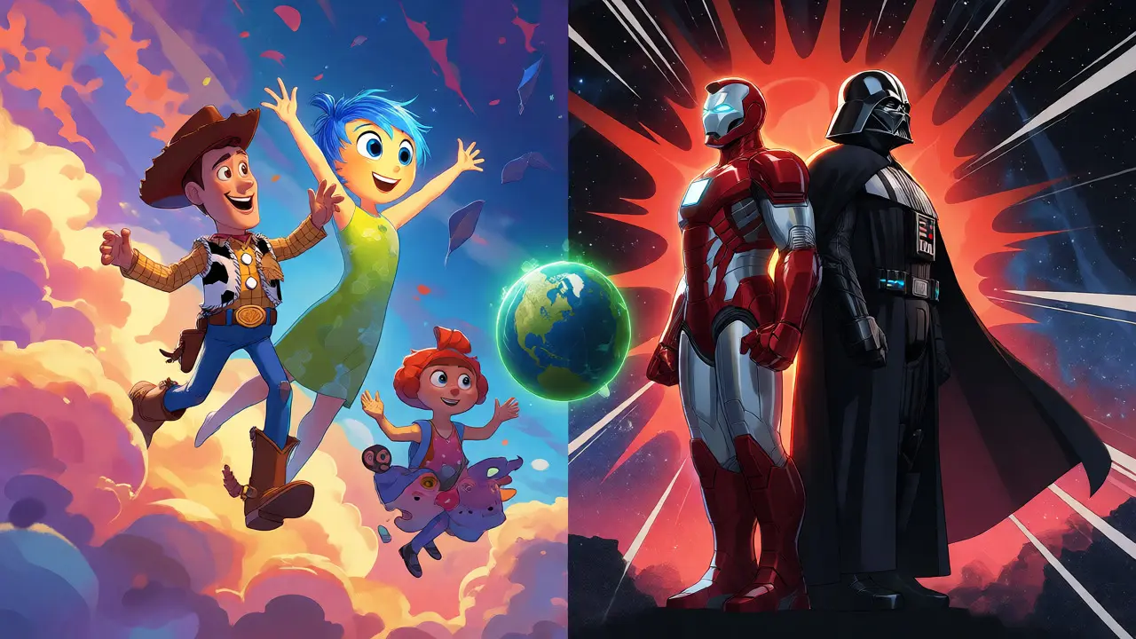 Pixar, Marvel ve Star Wars karakterlerinin yan yana olduğu çizim