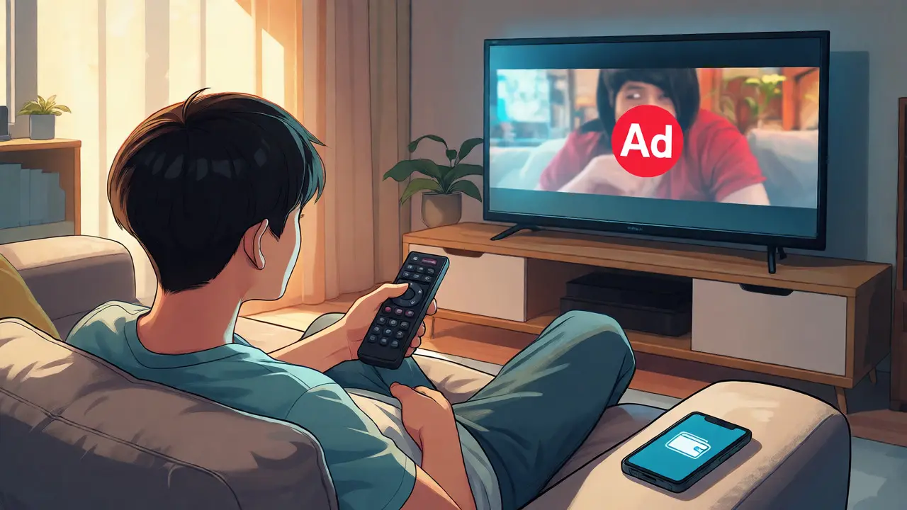 Reklam destekli planla rahatça film izleyen genç bir kullanıcı