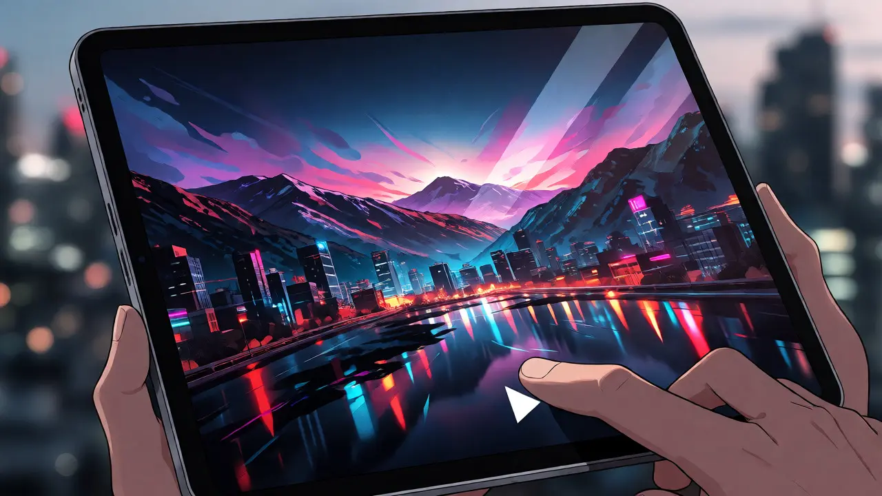 Şehir manzarası önünde tutulan iPad Pro'da sinematik bir sahne izleniyor.