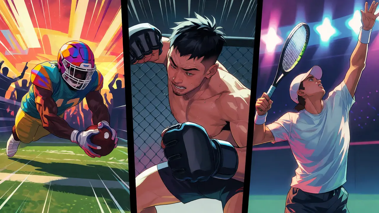 Üç panelden oluşan webtoon illüstrasyonunda kolej futbolu, MMA ve tenis gibi farklı spor dallarından aksiyon anları.